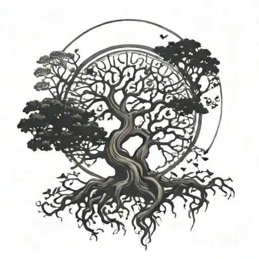 Express the idea of 'amor fati' through a tattoo of a tree of life with roots intertwined with the word 'fate' tattoo design idea