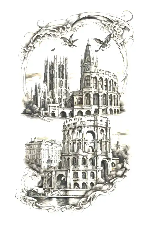 include the roman colosseum, Big Ben, la sagrada familia, belfry of bruges, anne frank house, charles bridge in prague tattoo design idea