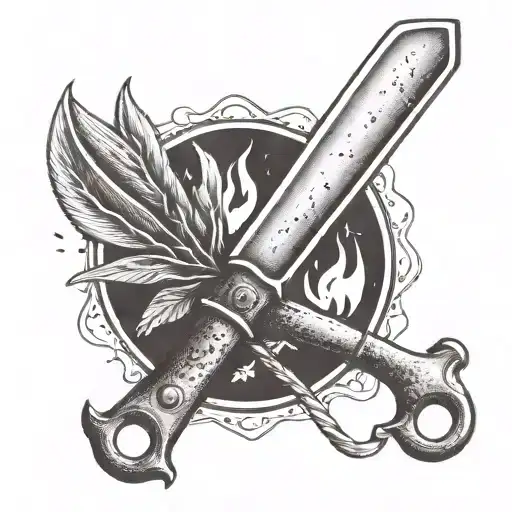 A dotwork tattoo of a chef's knife and fork crossed over a campfire, representing your passion for cooking and the outdoors tattoo design idea