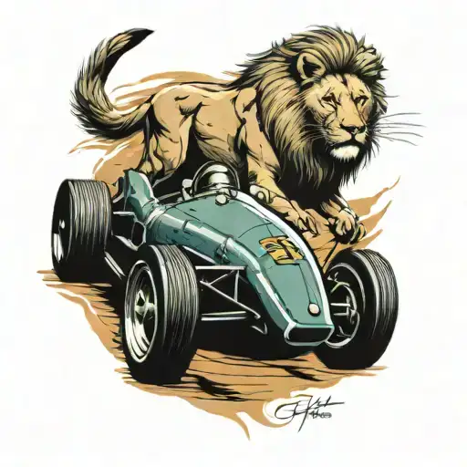 a lion driving an enzo Ferrari F1 car tattoo design idea