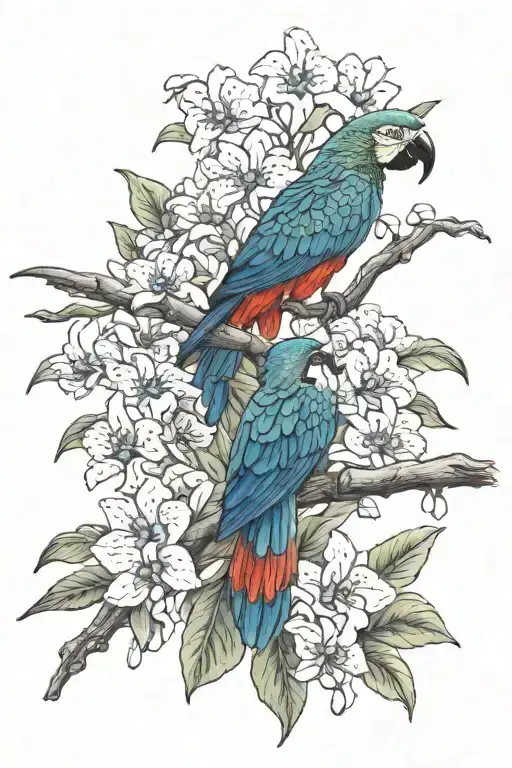 Flamboyan with Sanjuan Garitas and orchids and macaw tattoo design idea