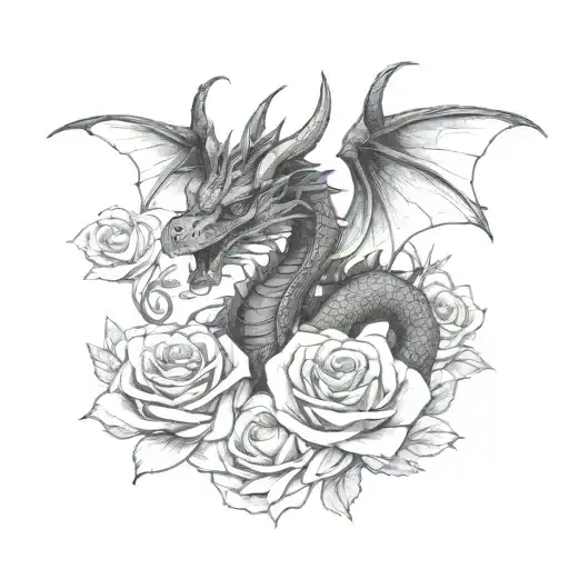 black and white dragon with rose surrounded tattoo design idea