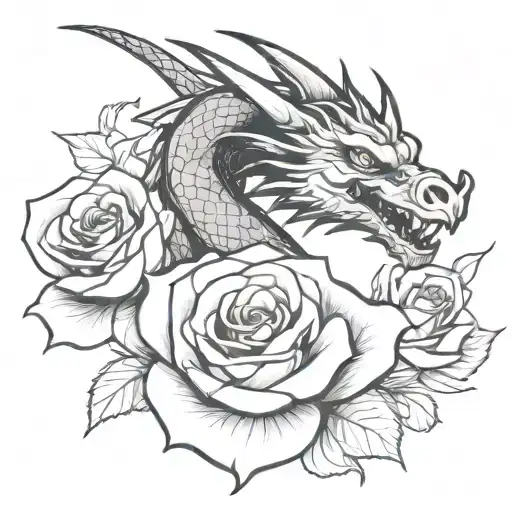 black and white dragon with rose tattoo tattoo design idea