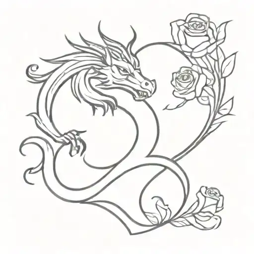 black and white dragon with rose heart shape tattoo design idea