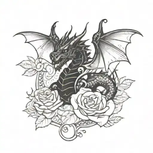 black and white dragon with rose surrounded tattoo design idea