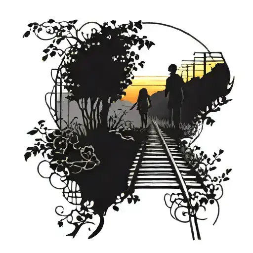 Train tracks intertwined with vines and flowers, leading towards a silhouette of a skeleton couple holding hands, walking into the sunset perspective tattoo design idea