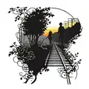 Train tracks intertwined with vines and flowers, leading towards a silhouette of a skeleton couple holding hands, walking into the sunset perspective tattoo design idea