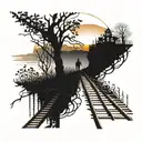 Train tracks intertwined with vines and flowers, leading towards a silhouette of a skeleton couple holding hands, walking into the sunset perspective tattoo design idea