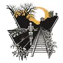 Train tracks intertwined with vines and flowers, leading towards a silhouette of a skeleton couple holding hands, walking into the sunset perspective tattoo design idea
