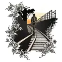 Train tracks intertwined with vines and flowers, leading towards a silhouette of a skeleton couple holding hands, walking into the sunset perspective tattoo design idea