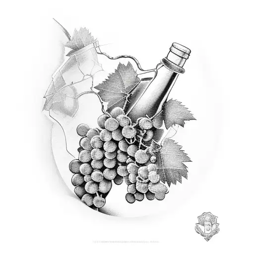 Wine bottle and glass surrounded by grapevines tattoo design idea