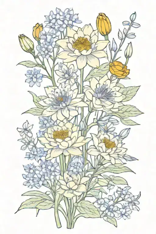 marigold water Lily larkspur flowers intertwined tattoo design idea