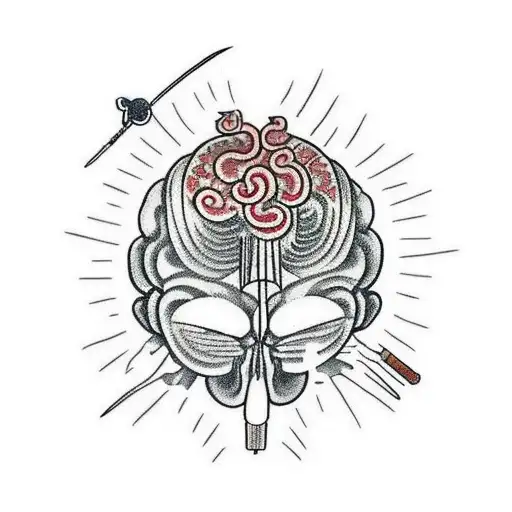 Japanese Katana Stabs Brain Overthink tattoo design idea