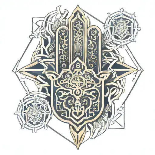 Hand of Fatima integrated into a symmetrical chest design tattoo design idea