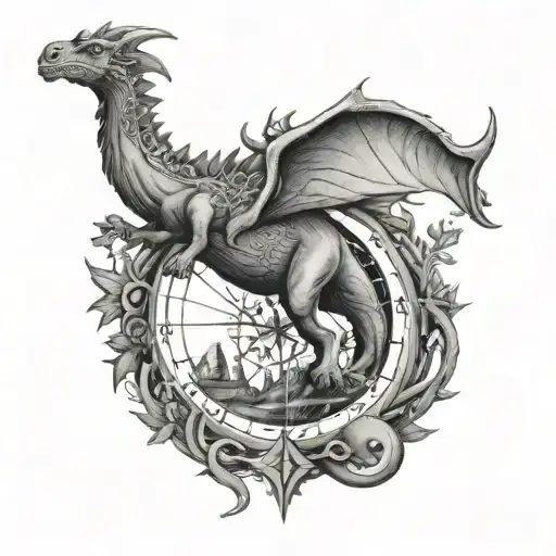 capricorn, tree of life, compass pointing east, dinosaur head tattoo design idea