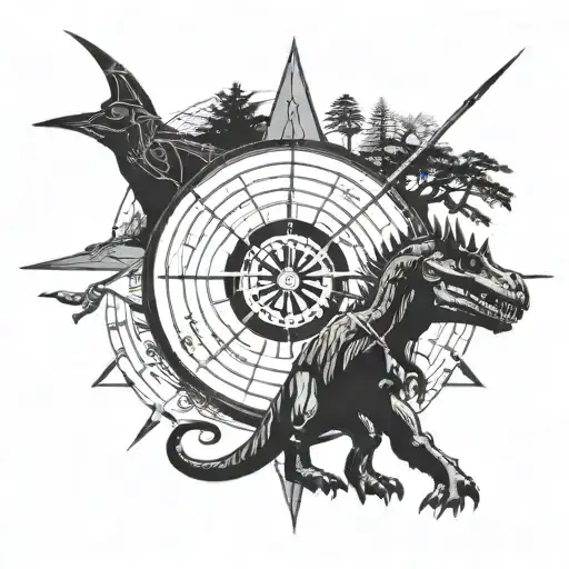 archery target with dinosaur eye in center, compass pointing east. capricorn symbol, tree of life  tattoo design idea