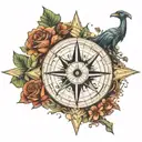 compass with dinosaur eye in center & arrow pointing east. tree of life themed design, capricorn constellation in sky tattoo design idea