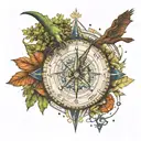 compass with dinosaur eye in center & arrow pointing east. tree of life themed design, capricorn constellation in sky tattoo design idea