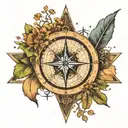 compass with dinosaur eye in center & arrow pointing east. tree of life themed design, capricorn constellation in sky tattoo design idea