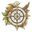 compass with dinosaur eye in center & arrow pointing east. tree of life themed design, capricorn constellation in sky tattoo design idea