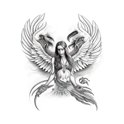Realistic Scorpio goddess with an eagle perched on her shoulder surrounded by Phoenix and fire  tattoo design idea