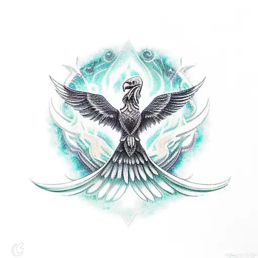 Realistic Scorpio goddess with an eagle perched on her shoulder surrounded by Phoenix and fire  tattoo design idea