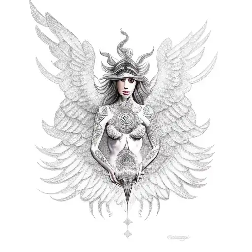  Scorpio goddess with an eagle wings  surrounded by Phoenix  tattoo design idea