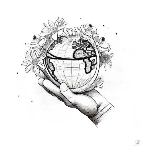 Hand holding a globe with flowers wrapping over it tattoo design idea