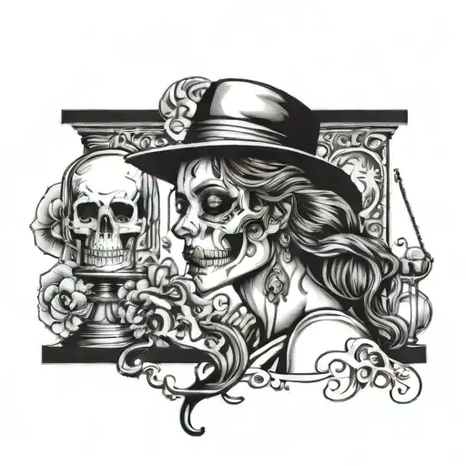 money, hourglass, skull mixed with the face of a pretty woman tattoo design idea