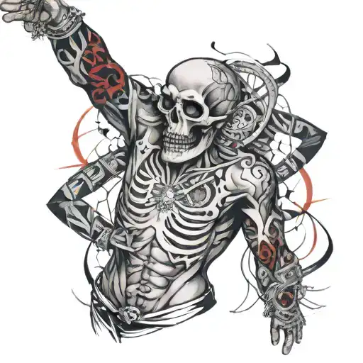 Tattoo upper body only chest, and both arms up to the elbow. Themes: money, hourglass, skull mixed with the face of a pr tattoo design idea