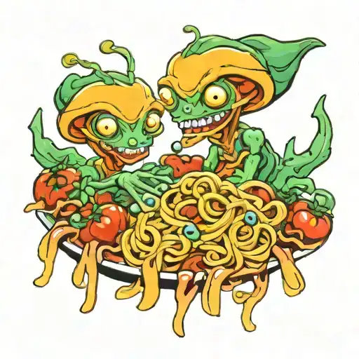 aliens and tomato pasta tattoo design idea
