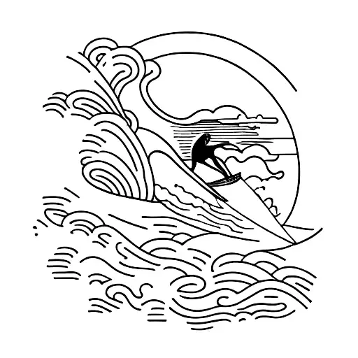 A minimalist tattoo of a surfer riding a massive wave with a beautiful sunset in the background tattoo design idea