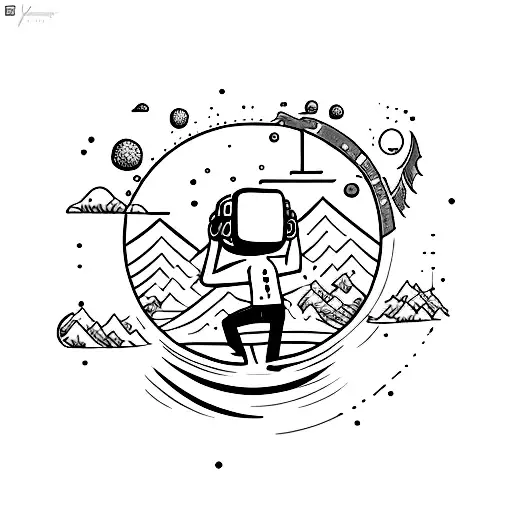 A minimalist tattoo of a gamer immersed in a virtual reality world, with nature elements subtly incorporated tattoo design idea