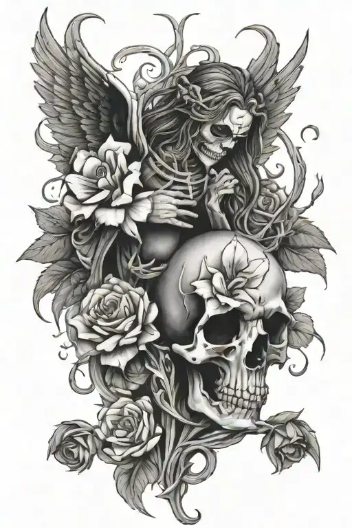 death angel with flowers intertwined tattoo design idea