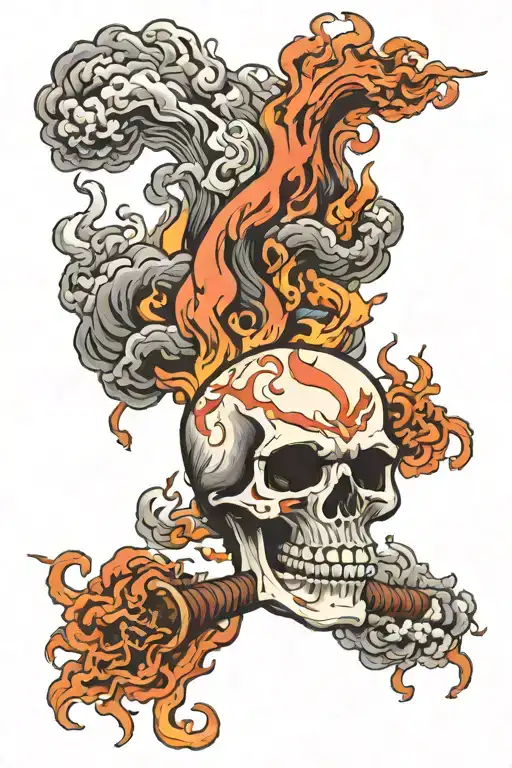Angry Flaming Skull Smoking a Cigar Surrounded by Flames tattoo design idea