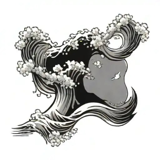 cherry blossoms around the great wave of kanagawa painting tattoo design idea
