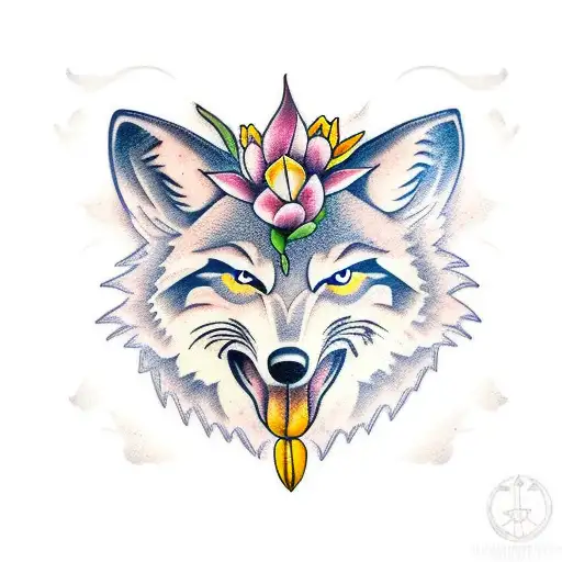 a wolf head, a yellow butterfly and a tulip  tattoo design idea