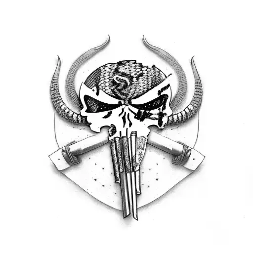 punisher with a rattlesnake in and out of  the eyes and a dont tread on me banner tattoo design idea