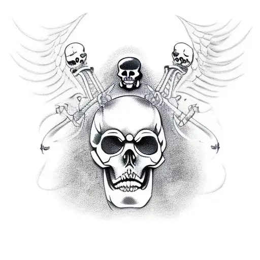 Grim reaper skeleton tattoo, with snakes, metal wings, very realistic, high detail, hell in background, biomechanical, a tattoo design idea