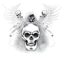 Grim reaper skeleton tattoo, with snakes, metal wings, very realistic, high detail, hell in background, biomechanical, a tattoo design idea