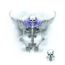 Grim reaper skeleton tattoo, with snakes, metal wings, very realistic, high detail, hell in background, biomechanical, a tattoo design idea