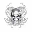 Grim reaper skeleton tattoo, with snakes, metal wings, very realistic, high detail, hell in background, biomechanical, a tattoo design idea