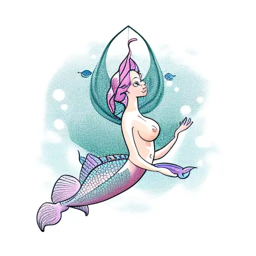 Left side view of a large breasted mermaid, swimming downward at a 45 degree angle, arching her head and back tattoo design idea