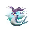 Left side view of a large breasted mermaid, swimming downward at a 45 degree angle, arching her head and back tattoo design idea