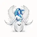 Left side view of a large breasted mermaid, swimming downward at a 45 degree angle, arching her head and back tattoo design idea