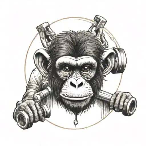 Create a tattoo of a monkey working out in a gym setting, with a barber dog giving it a stylish haircut in the background. tattoo design idea