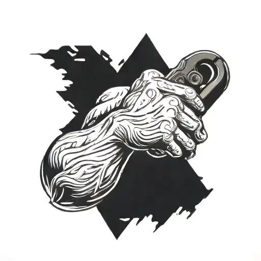 A blackwork tattoo of a muscular arm holding a pair of scissors with King Kong climbing up it tattoo design idea