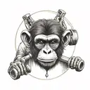 Create a tattoo of a monkey working out in a gym setting, with a barber dog giving it a stylish haircut in the background. tattoo design idea