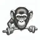Create a tattoo of a monkey working out in a gym setting, with a barber dog giving it a stylish haircut in the background. tattoo design idea