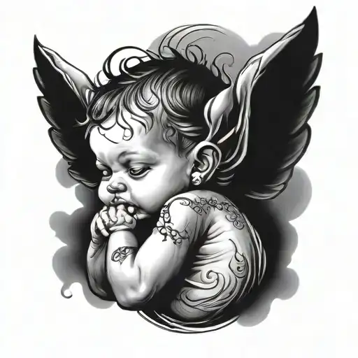 Make a tattoo design of a crying baby angel with horns tattoo design idea
